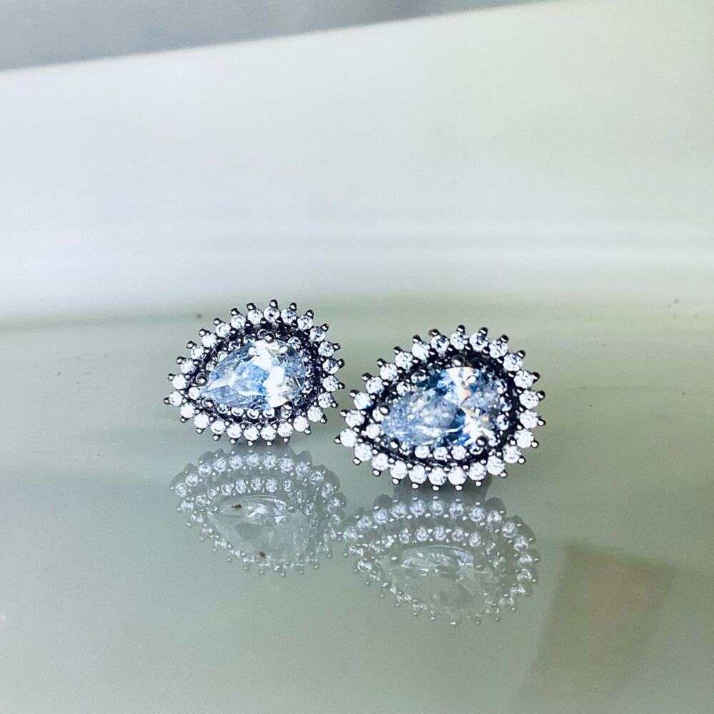 Sterling Silver Teardrop Halo Stud Earrings